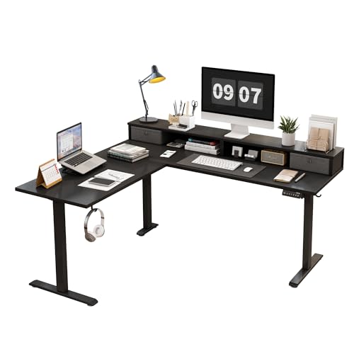 Image of Agilestic L Shaped Electric Standing Desk with 2 Drawers, 63 Inch Ergonomic Adjustable Height Desk with Storage, Corner Desk Sit Stand up Computer Table for Work Office Home, Black