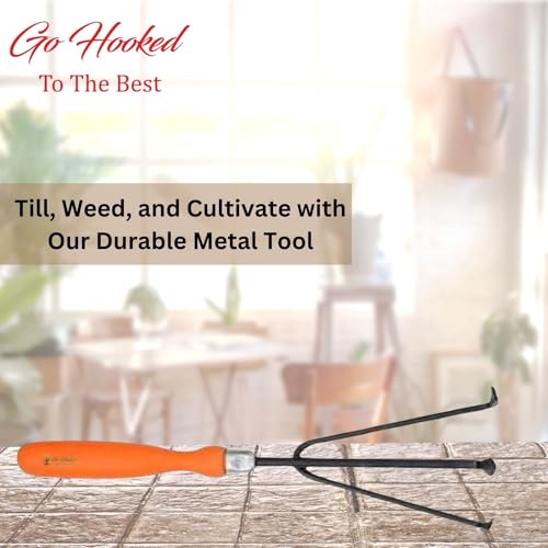 Image of Go Hooked Metal Garden Cultivator Tool, 5x24.13x10.7 CM - Durable Hand Tiller for Soil Aeration, Weeding, and Planting - Ergonomic Handle, Rust-Resistant - Ideal for Home Gardening, Lawn Care.