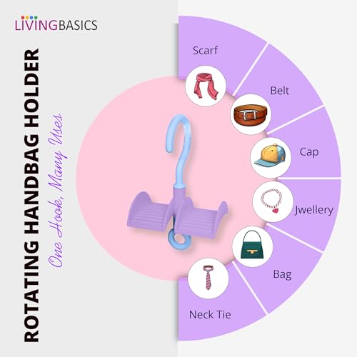 Image of LivingBasics 4 Pcs 360 Rotating Handbag Holder for Wardrobe /Purse Rack /Hanging Purse Organizer for Closet, Bags, Scarves, Belts, Ties /Space Saving Multi Hook Hanger for Women (Yellow & Purple)
