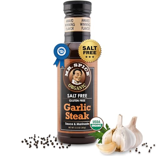 Image of Mr. Spice Organic Garlic Steak Sauce, Salt Free Steak Sauce and Marinade, Gluten Free, Low Sodium Sauces and Marinades, Grill & Air Fryer, No Salt Award-Winning Flavor, 13.5 Ounce (Pack of 1)