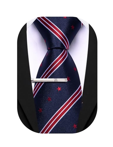 Image of Barry.Wang Mens Ties Extra Long Navy Blue Silk Striped Woven Necktie and Tie Clip Set Formal Business Wedding Festival