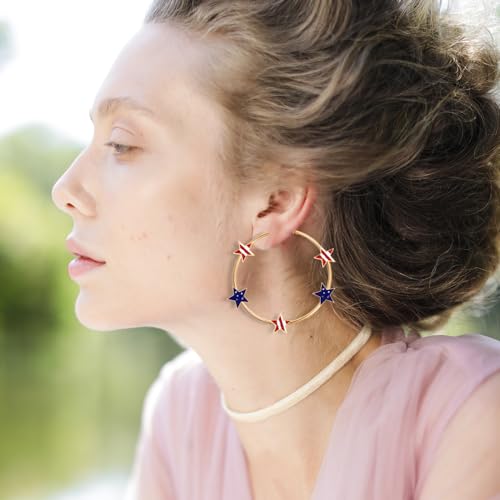 American Flag Independence Day Hoop Earrings Enamel Five Pointed Star Dangle Earrings Red Blue White Holiday Jewelry for Women4