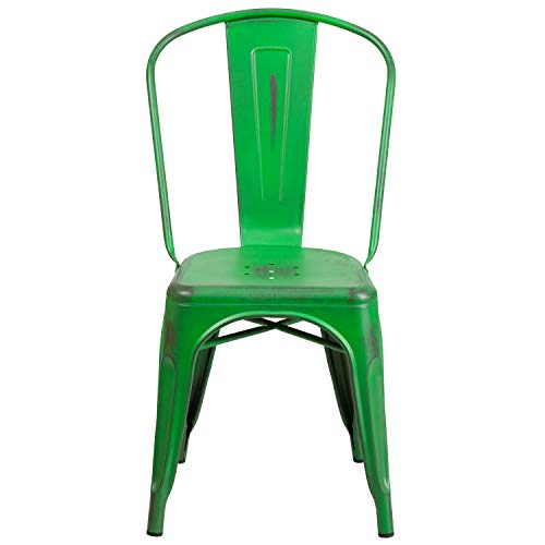 Flash Furniture Commercial Grade 4 Pack Distressed Green Metal Indoor-Outdoor Stackable Chair #TOP6
