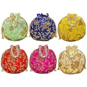 GenericAT Traders Embroidered Potli Bag Pack of 6 | Leaf Floral Design with Small Moti Handle Batwa Bag Bridal Purse | Women Handbag Shagun Pouch Return Gifts Beads Handle (Assorted)