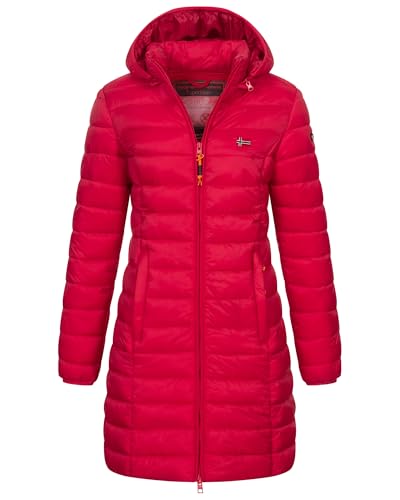Geographical Norway Damen Winter Jacke Steppjacke Parka Lange Kapuzenjacke Steppmantel Outdoor abnehmbare Kapuze, Farbe:Rot, Größe:L (40)