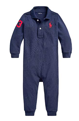 Image of Ralph Lauren Baby Boys Infant Big Pony Mesh Polo Coverall (Navy, 3 Months)