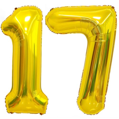 Gold 17 Balloon Number,40 Inch Number 17 Balloon Large Gold Foil Mylar Helium Balloons for Birthday Party Decorations