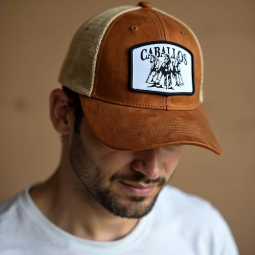 Image of Baseball Cap for Men Original Adjustable Unisex Cap, Mens Caps Stylish, Brown Suede Cap with Net Back, Structured 6 Panel Trucker Hat, Caballos