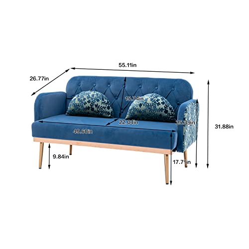 55-Inch Small Velvet Couch With Elegant Moon Shape Pillows, Twin Size Loveseat Accent Sofa With Golden Metal Legs, Living Room Sofa With Tufted Backrest, 600 Pounds Weight Capacity, Light Blue #TOP1