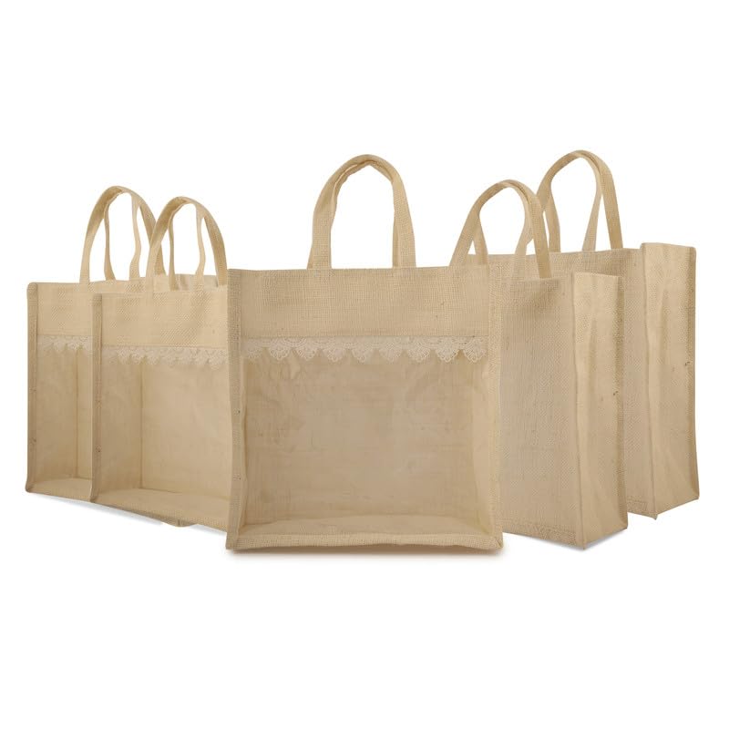 MS ZARIWALA Women Nature-Friendly Jute Casual Return Bags For Hampers and Gift Basket With Front Transparent Window, Reusable Storage Carry Bags (Medium Size, Pack of 10)-image-10