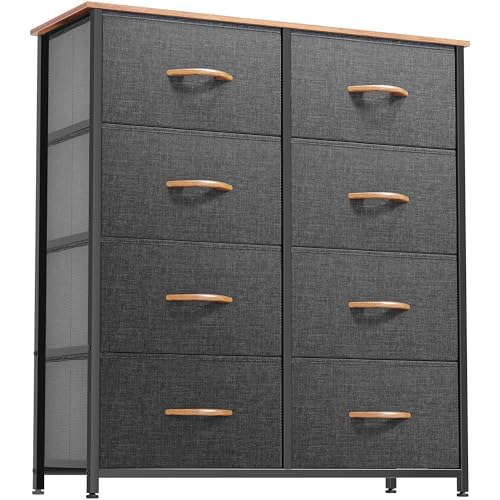 DWVO Dresser for Room, Fabric Dresser with 8 Drawers, Tall Double Drawer, Chest of Drawers for Closet, Living Room, Sturdy Steel Frame, Wooden Top, Easy Pull Handle, Dark Grey