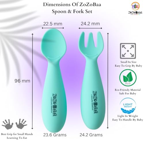 Image of Silicone Baby Bib with Spoon and Fork Set | Waterproof Adjustable Bib & First Stage Feeding Utensils for Infants & Toddlers | Soft Silicone Spoon for Baby 6 Months+1 Set, Mint Green