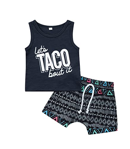 Image of Kids Boys Clothing Sets Summer Short Sleeve Baby Letter Print Tanks Tops+Floral Shorts 2pcs Beachwear (Black, 6-12 Months)