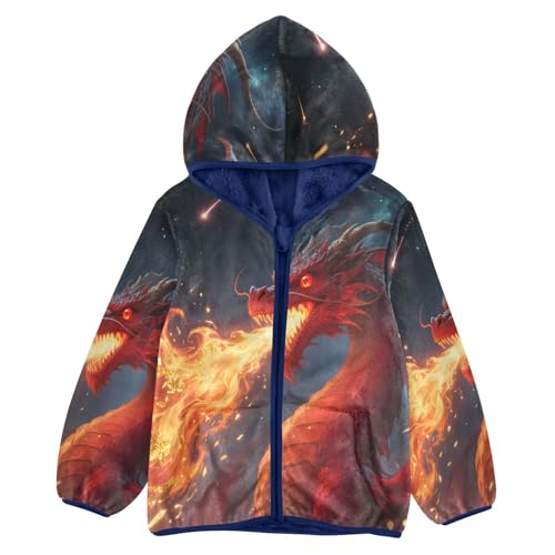 Dragon Breathing Fire in Space Toddler Fleece Jacket Girl Boys Hooded Fleece Jacket Coat Warm Outwear Zip-up 3-10T