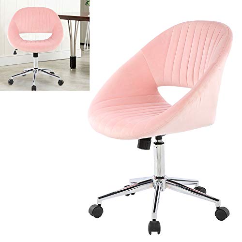 EBTOOLS Silla Giratoria Terciopelo con Ruedas y Respaldo, Taburete de Trabajo Silla de Ordenador Altura Ajustable, Silla Tocador Maquillaje Moderna Asiento Suave(Rosa)