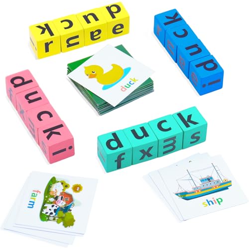 Humerry Spelling Games for Kids Ages 3-8 Learn to Read Phonics & Word Building Game with 40 Flash Cards 16 Wooden Letter Blocks for Screen-Free Family Fun & Preschool Classroom Learning