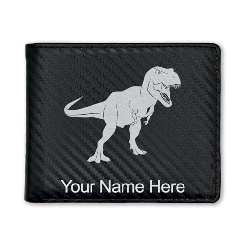 LaserGram Faux Leather Bi-Fold Wallet, Tyrannosaurus Rex Dinosaur, Personalized Engraving Included (Carbon Fiber Black with Silver)