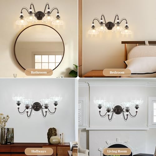 Image of Vintage Bathroom Vanity Light, 4-Light Oil Rubbed Bronze Finish Wall Sconce with Hanging Crystal Accents and Flower-Shaped Clear Glass Shades, Retro Wall Mount Vanity Light Over Mirror for Bathroom