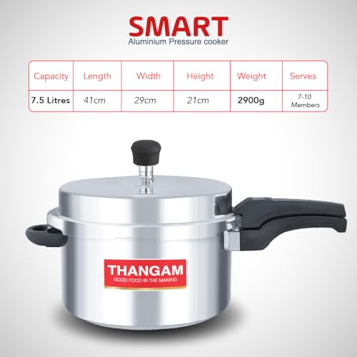 Image of Thangam Aluminium Large Pressure Cooker 7.5 Litre | Heavy Gauge Cooker for Gas Stove | Durable Virgin Aluminium Body | Fast Cooking Silver Kitchen Cookware (7.5 Litre)