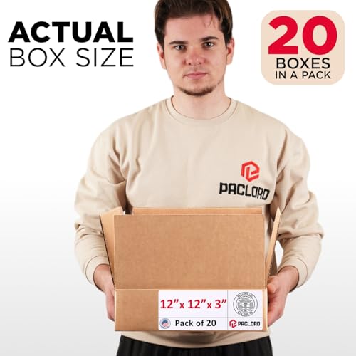 Image of Flat Cardboard Boxes 12 inchL x 12 inchW x 3 inchH (Pack of 20) - USA-Made Packing Boxes for Moving, Shipping, or Storage - USPS, UPS, FedEx Approved - Professional Packing Supplies for Moving