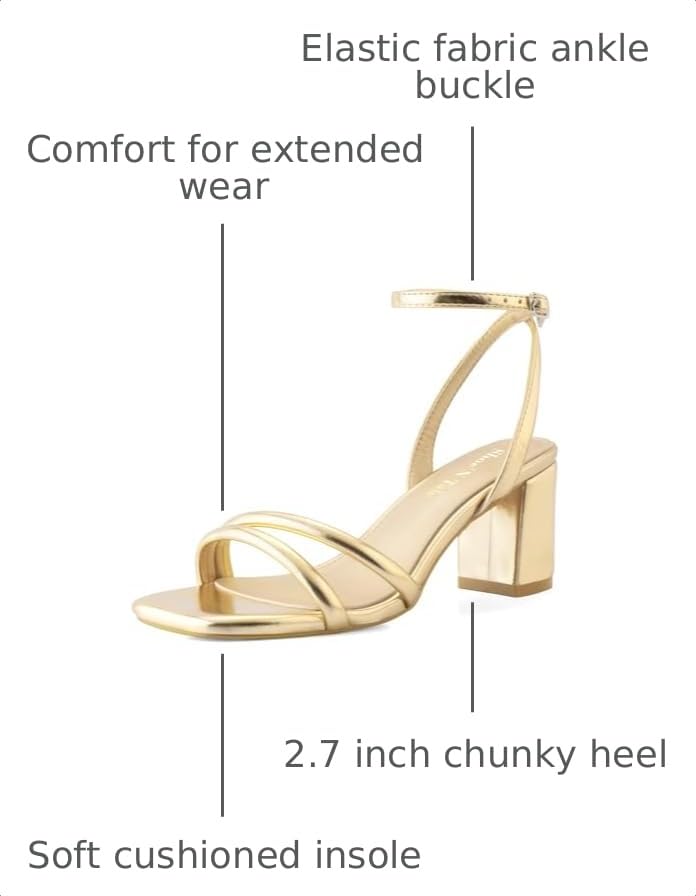 Image of Shoe'N Tale Strappy Heels for Women Square Toe Chunky Block Heels Ankle Buckle Heeled Sandals