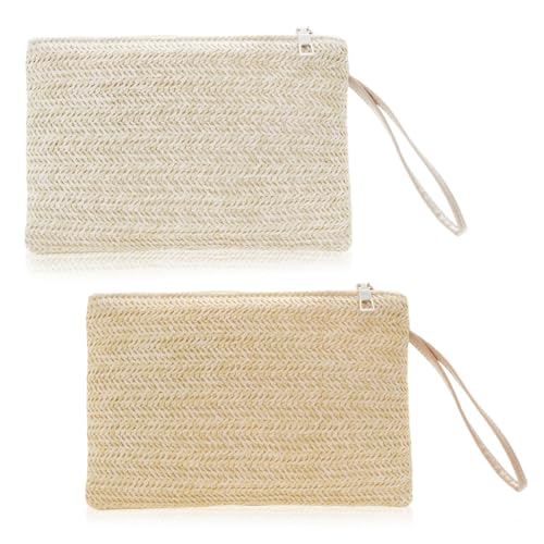 QingWing 2 Piezas Bolsos de Paja, Pajar de Mano Estilo Bohemio, Correa de Muñeca Handbag de Paja Cierre de Cremallera, Ideal para el Trabajo, Citas, Vida Diaria y Viajes