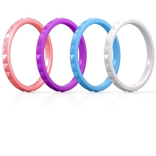 ThunderFit Thin and Stackable Silicone Rings for Women, Rubber Wedding Bands for Women Engagement Diamond Pattern 2.5mm Wide 2mm Thick, 4-Pack