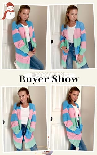 Image of ECOWISH Women Cardigan Sweaters Long Kimono Striped Long Sleeve Open Front Color Block Cozy Knitted Coat Outwear Winter Fall