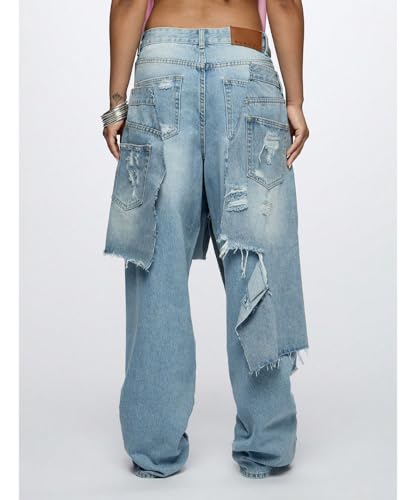 Women's Baggy Hip-Hop Jeans High Waisted Ripped Tear Splicing Straight Wide-Leg Street Denim Jeans3