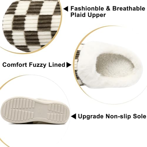 Image of Yueerlu House Slippers for Women Men, Fuzzy Checkered Mens Womens Slippers Warm Memory Foam House Shoes Indoor Outdoor with Faux Fur Lining
