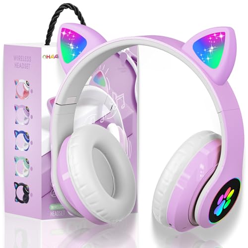 OHAANYY Casque Bluetooth pour Enfants sans Fil,Casque Cat Pliable avec LED Flash Lumières Glow, Enfants Bluetooth 5.0 avec Microphone et Contrôle du Volume, Carte Slot pour PC/Tablettes/TV (Violet)