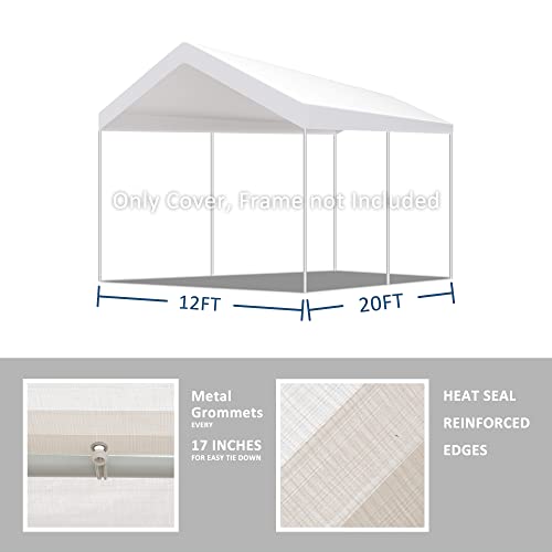 12'X20' Carport Replacement Canopy Cover For Tent Car Garage Shelter Top Tarp Cover With Ball Bungees (Only Only Top Cover, Frame Is Not Included) #TOP2