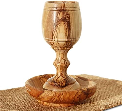 Communion Cups, Goblet, Chalice - the Lord's Supper - Wooden Bread Tray with Handmade Olive Wood Kiddush Cup also for Eucharist of the Holy Communion in Christian Congregations in Gift Bag.