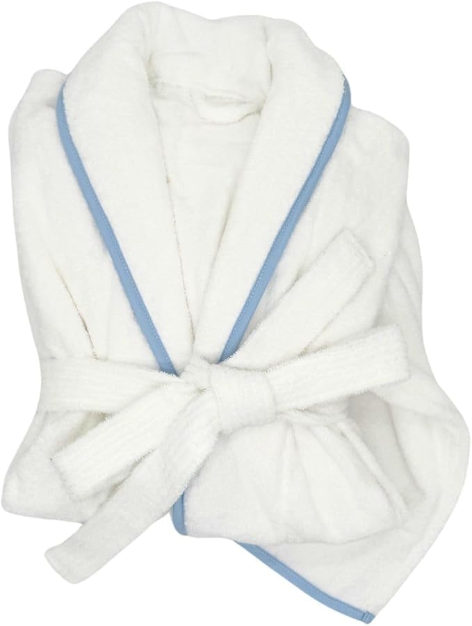 Jillien Harbor Womens Cotton Bathrobe – Towel Robe for Women in Soft Terry Cloth, Highly Absorbent Cotton Robes for Women with Refined Blue Piping, Cuffed Sleeves Medium to Large Fit — One Size, White