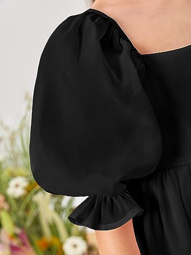 WDIRARA Girl's Square Neck Puff Sleeve Zipper Back Mesh Ruffle Hem A Line Dress4