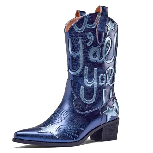 Image of Metallic Cowboy boots for Women Embroidered Mid Calf Womens Cowgirl Boots Western Pointed Toe Chunky Heel