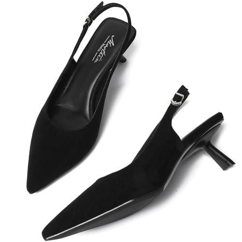 Image of Mostrin Kitten Heels for Women Pointed Toe Pumps Patent Leather Low Heel Slingback Heels with Buckle Dress Shoes for Dating Party Working