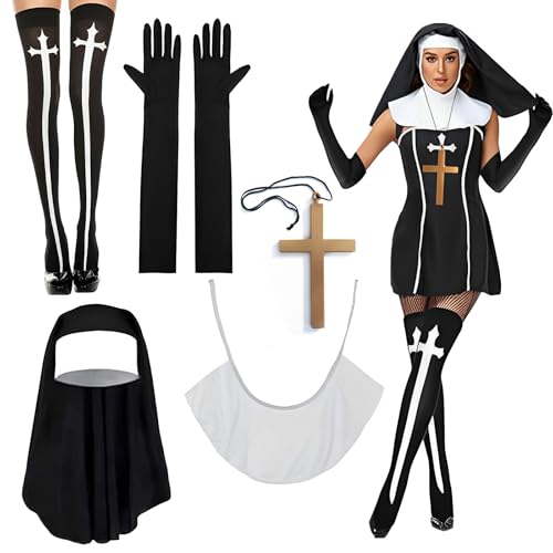 Scinzene Disfarce de freira para mulher, para cosplay, Halloween, Carnaval, preto, 1, Preto, Tamanho único