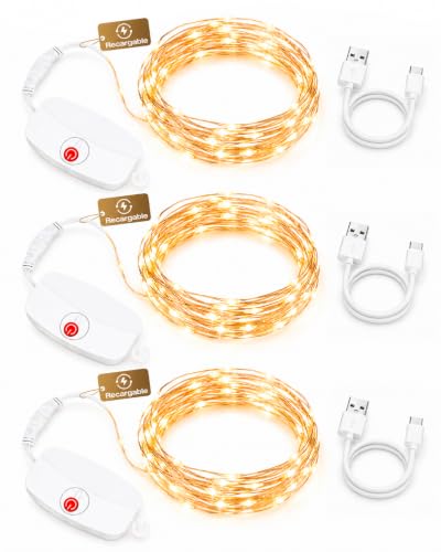 AGOTD Minicadena de luces recargables, 2 m, 20 ledes, luz blanca cálida