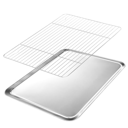 VINATO Backblech mit Gitter Set aus Edelstahl - Backbleche 40x30 cm & Kühlrost, Backform Rechteckig mit Hohem Rand, Tiefes Backblech für Backofen, Spülmaschinenfest