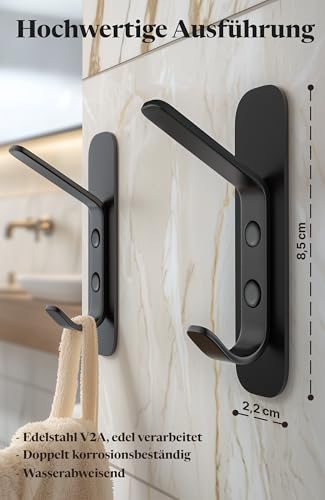 4smile Klebehaken extra stark, 4er Set, schwarz - Haken Selbstklebend mit Nagel-Option, Kleiderhaken Wand schwerlastig 6kg, Doppelhaken, Garderobenhaken aus Edelstahl, Wandhaken für Bad Garderobe