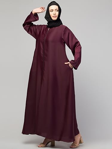 Image of Mallika Women Modest Wear Nida Matt Front Open Zipper Abaya Burkha for Everyday use (Wine, 3XL)