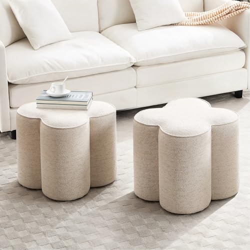 Image of Zesthouse Flower Pouf Ottomans Foot Rest Set of 2, Beige Linen Fabric Poofy Ottomans Footstool for Couch, Modern Living Room Stool Seats, Cute Square Upholstered Ottoman for Dorm Bedroom Hallway
