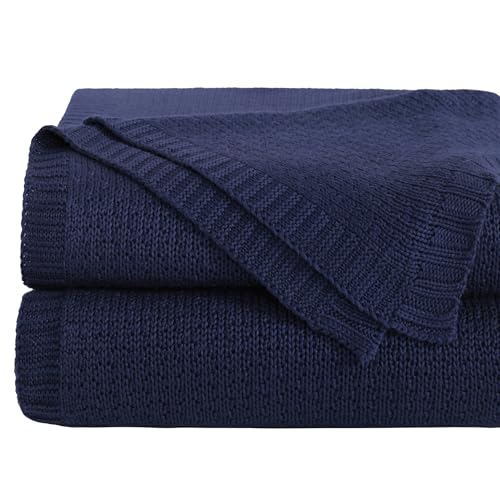 Image of NTBAY Rayon Derived from Bamboo Knit Twin Blanket, 60 x 80, Navy Blue | Breathable Cable Knit Throw Made with Rayon Derived from Bamboo, Soft Cooling Bed Throws for Sofa, Bed, Reading, and Travel