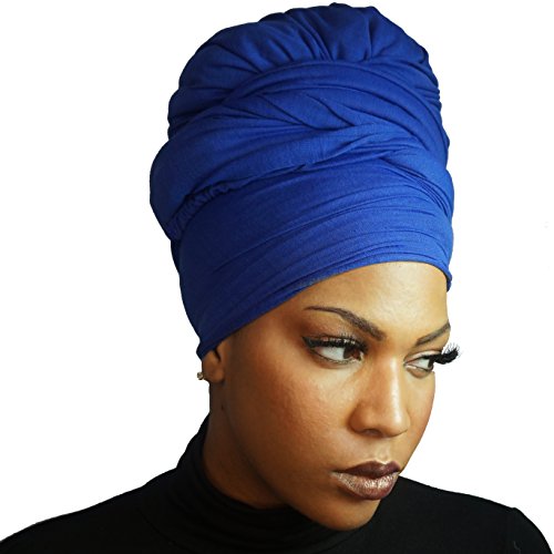 Stretch Head Wraps for Women | Extra Long Jersey Knit Turbans| Soft Cotton African Head wrap Scarf | COBALT