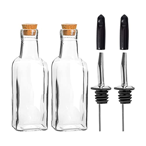 Argon Tableware Olive Oil Bottles with Cork Lids - 170ml - Pack of 2 - Dishwasher Safe Kitchen Glass Olive Oil Dispenser Cruet with Dust Cap, Cork Stopper and Tapor Pourer Top for Soy Sauce, Vinegar