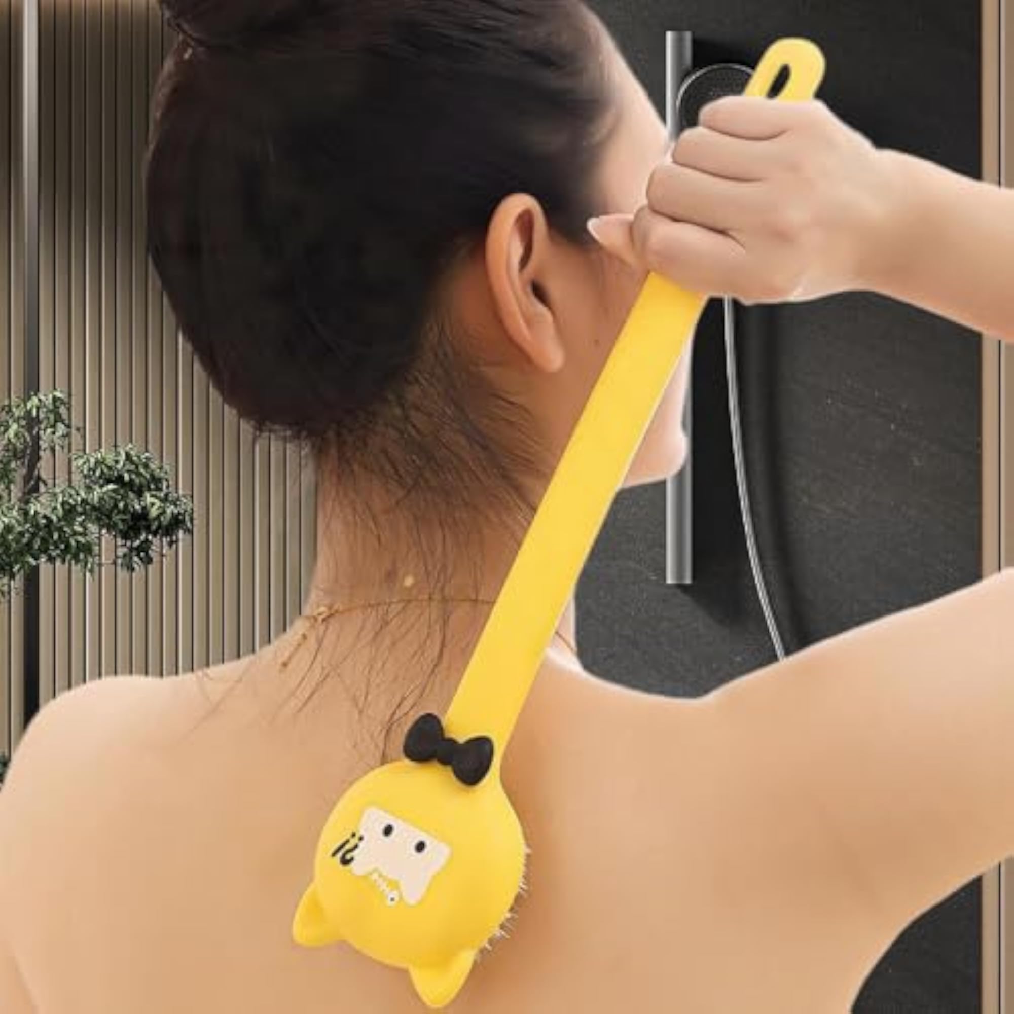 Cartoon Cat Bath Brush Long Handle for Wet or Dry Brushing
