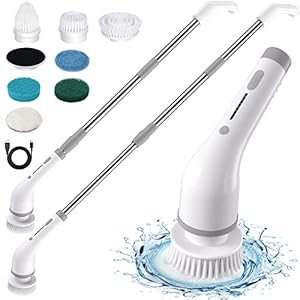 Electric Spin Scrubber, Cordless Cleaning Brush with 7 Replaceable Brush Heads & Adjustable Long Handle, Automatic Power Scrubber Shower Cleaning Tool for Bathroom Tub, Floor, Tile, Kitchen, Car