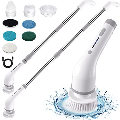 Electric Spin Scrubber, Cordless Cleaning Brush with 7 Replaceable Brush Heads & Adjustable Long Handle, Automatic Power Scrubber Shower Cleaning Tool for Bathroom Tub, Floor, Tile, Kitchen, Car