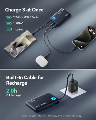 Image of INIU 45W Fast Charging Tablet Portable Charger, Smaller 10000mAh Power Bank | Flight-Safe, Built-in USB C Cable, Flashlight, Battery Phone Pack for Tablet, iPad, iPhone 17 16, Samsung S26 etc, Pink